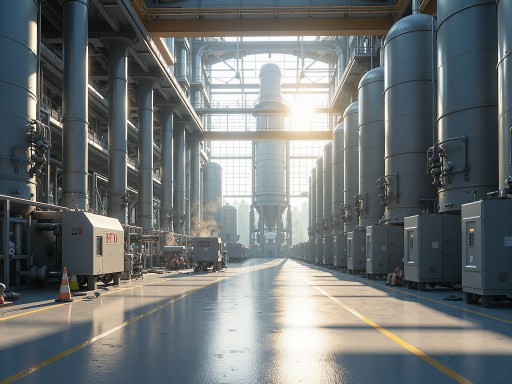 现代化工厂外观，大型工业建筑，蓝天白云背景，体现企业规模实力